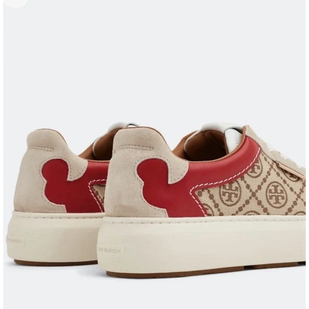 Tory Burch T Monogram Ladybug Court Sneaker 10.5M Beige Logo Red Leather Retro